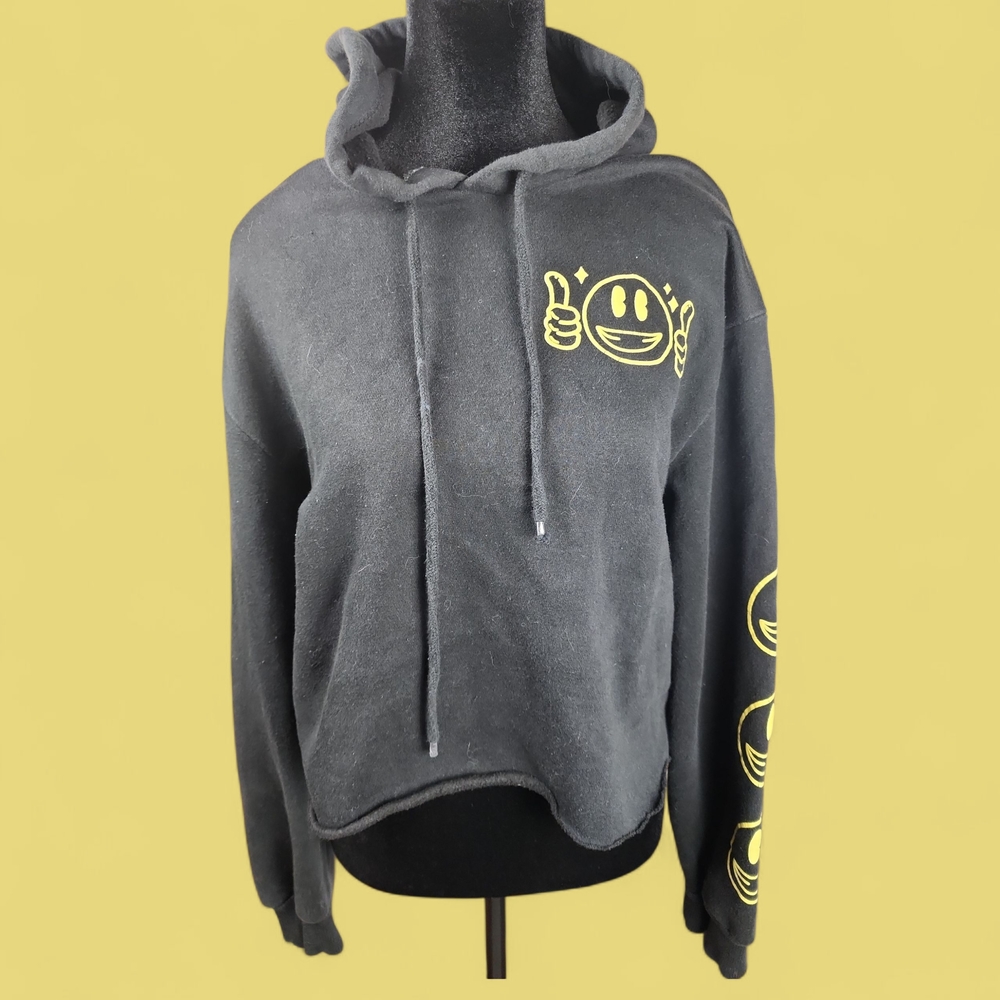 CHEMISTRY | 90s‎ Y2K Emoji Cropped Black Fleece Hoodie Dopamine Happiness | M